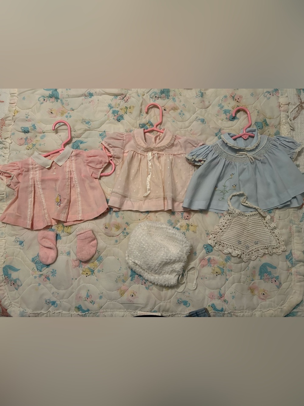 Vintage Baby Girl Dress Tops Set in Pink, Light Pink, and Blue from 1972